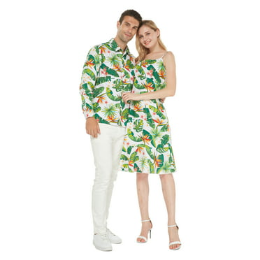 Couple Matching Hawaiian Luau Cruise Christmas Outfit Shirt Dress Flamingo in Love 
